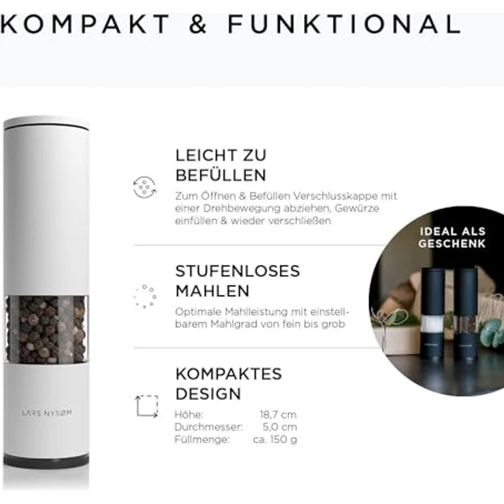 LARS NYSØM Salz und Pfeffer Mühle 2er Set Manuell mit einstellbarem Keramik-Mahlwerk von grob bis fein I Design Gewürzmühlenset (2 Stück) (Snow White) – Bild 4
