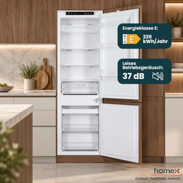 homeX CFBN2531E Einbaukühlschrank mit Gefrierfach, No Frost, 178 cm hoch, 253 l, 37 dB, weiße Front – Bild 5