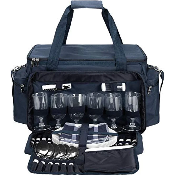 Anndora XXL Picknicktasche 6 Personen blau weiß - Vollausstattung 57 Teile – Bild 4