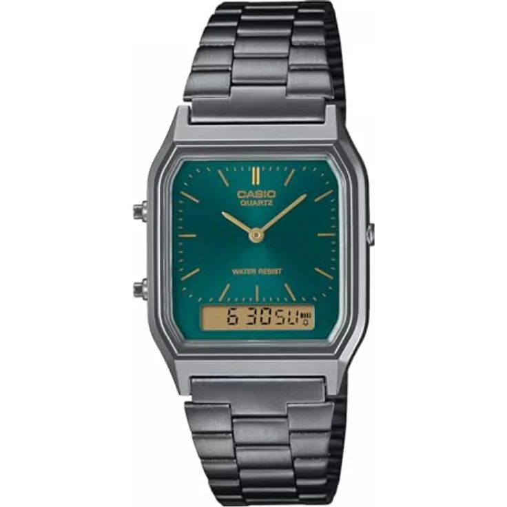 Casio Collection Edgy Armbanduhr Ana-Digi Grau/Grün AQ-230EGG-3AEF - Grünes Zifferblatt, Edelstahl Armband