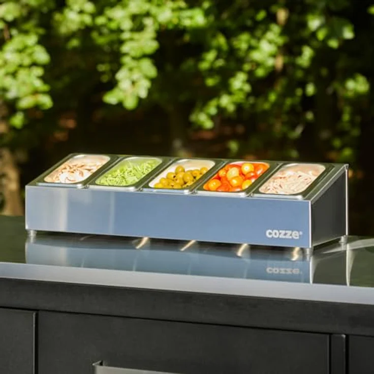 cozze® Pizza Toppingstation – Edelstahl Zutatenbehälter mit Deckel für Pizzabeläge – Professionelle Belegstation mit 5 Fächern – Ideal für Küche und Gastronomie – Bild 2