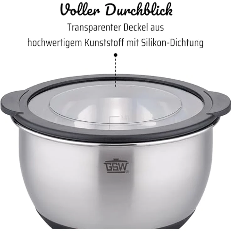GSW Servierschüssel 1,6l, 2,8l, 4,8l+ Deckel, Edelstahl Schüssel mit Deckel und Literskala – Bild 4