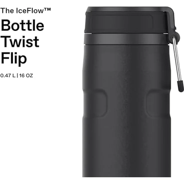 STANLEY IceFlowBottle Twist Flip 0.47L, auslaufsichere Trinkflasche mit doppelwandiger Vakuumisolierung, 8 Stunden kühlend, 40 Stunden eisgekühlt, spülmaschinenfest, recycelter Edelstahl, BPA-frei, Black 2.0 – Bild 3