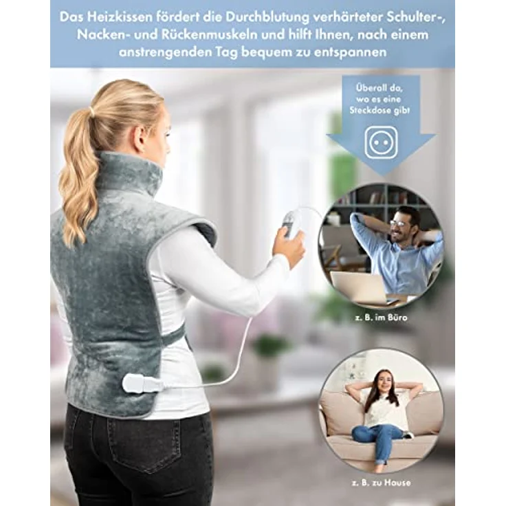ProfiCare Rücken- Nackenwärmer, Wärmekissen Heizdecke mit Abschaltautomatik, extra langes Kabel, 3 Heizstufen und schnelle Erwärmung, Wärmedecke für Rücken Schulter Nacken PC RNH 3107, 331070, Grau – Bild 3