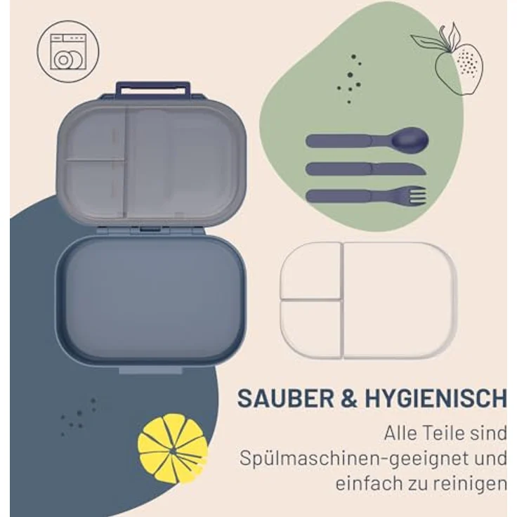 Klarstein Bunko Lunchbox 3 Fächer, BPA-frei mit 3-tlg. Besteck, 21 x 14,5 x 5,5 cm, luftdicht verschlossen – Bild 5