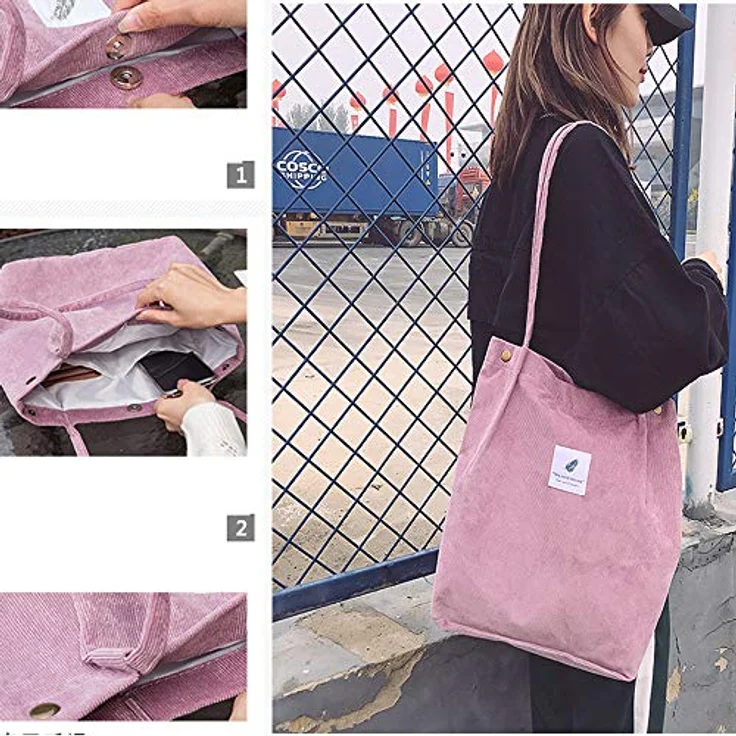 Funtlend Umhängetasche Damen Cord Tasche, Pink, vielseitiger Shopper mit Innentasche für Uni, Arbeit und Freizeit – Bild 4