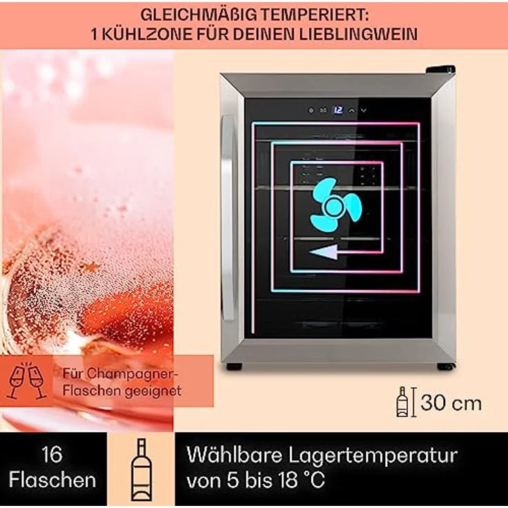 Klarstein Vinamour 16 Uno Weinkühlschrank, freistehend, silber, 16 Flaschen, Energieklasse G – Bild 4