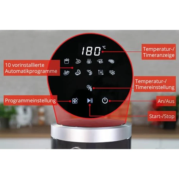 Unold 58695 Glas Heißluftfritteuse mit Digitalem LED-Touchscreen und 10 Automatikprogramme für, Grillen, Garen, Braten, Dörren, Backen, Warmhalten, Erhitzen, Auftauen oder Rösten - ganz ohne Öl – Bild 4