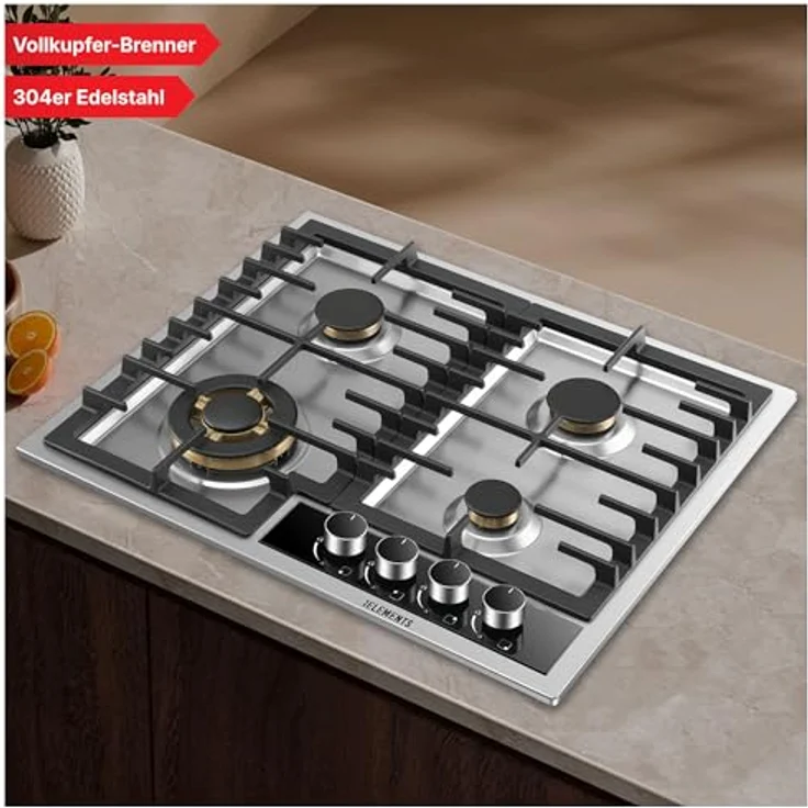 KB ELEMENTS Gas Herdset, 60cm Einbaubackofen mit 4-flammigem Gaskochfeld, VOLLKUPFER-BRENNERN, Edelstahlgehäuse, Kindersicherung, Grill, Heißluft, AQUA CLEAN – Bild 5