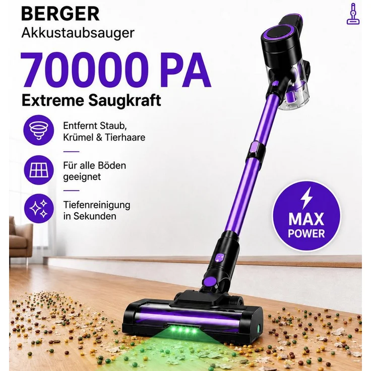 BERGER ELECTRONICS Akku-Stielstaubsauger Akku Staubsauger, Staubsauger Kabellos, 65000 Pa/600W, 70min Laufzeit, 600 W, beutellos, Bodenstaubsauger, Hochwertige Verarbeitung