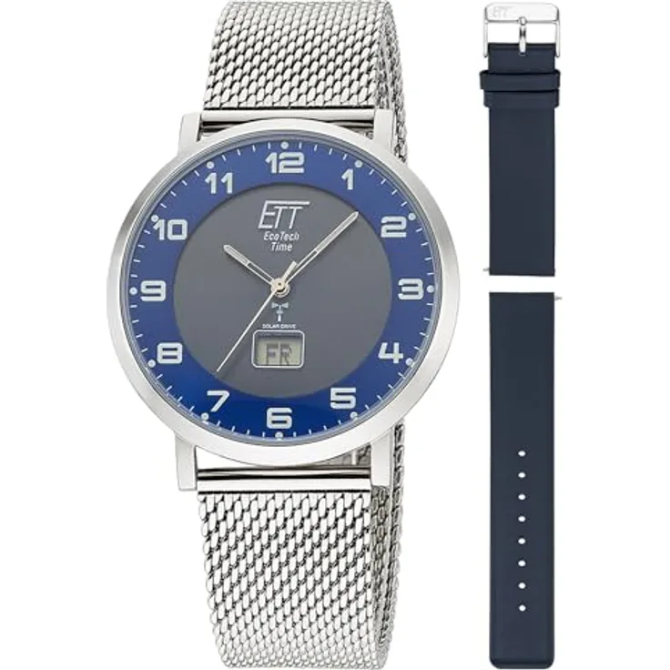 ETT Eco Tech Time Funk Solar Herren Uhr Analog mit digitalem Datum mit Edelstahl,Leder Armband EGS-11621-32MS