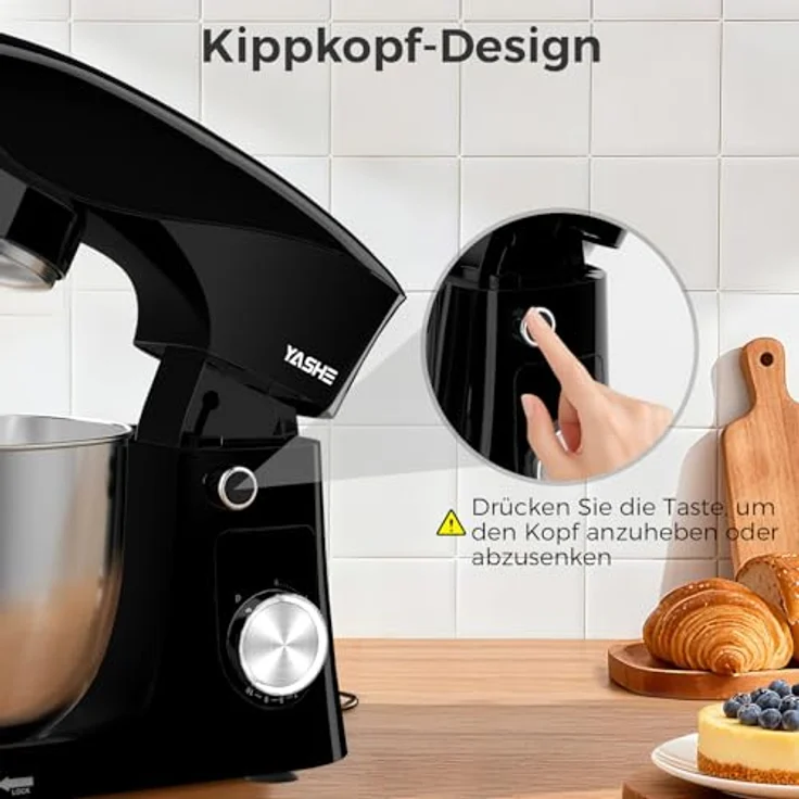 YASHE Küchenmaschine 1500W, Dual-Bowl-Design mit 4,5L und 5L Edelstahlschüsseln, 10 Geschwindigkeitsstufen, Kippkopf, inkl. Knethaken, Rührbesen und Schneebesen – Bild 5