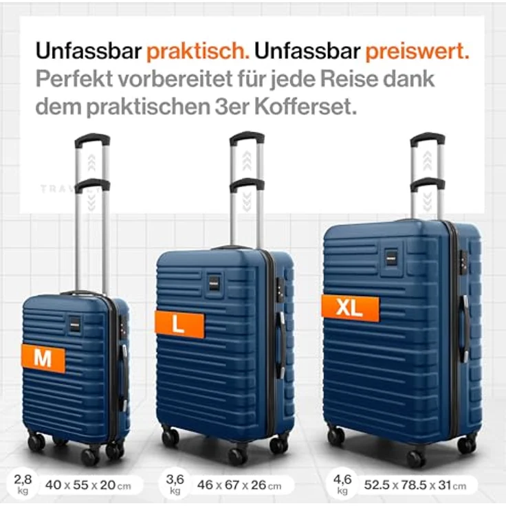 Travely Premium Koffer Set: 28", 24" & Handgepäck Koffer - Robuste Reisekoffer mit TSA Schloss, mehr als 250L Volumen, sanfte Rollen – Bild 3