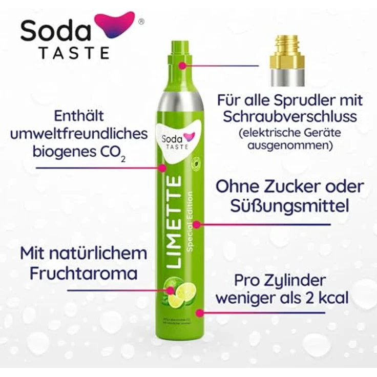 SodaTASTE Limette - CO2-Kaufzylinder (Reservezylinder), zuckerfrei für bis zu 60l gesprudeltes Wasser mit Geschmack – Bild 2
