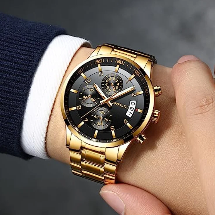 CRRJU Herren Chronographen Armbanduhr, wasserdichtes Edelstahlarmband mit Kalender, Gold Schwarz – Bild 5