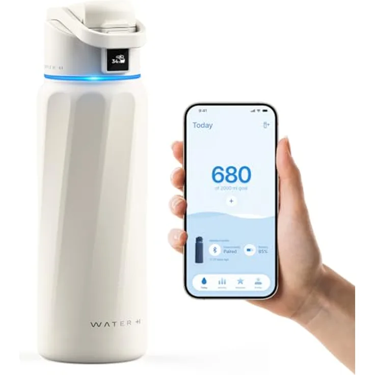 WaterH Boost Smart Trinkflasche, 946ml mit App und LED-Touch-Display, Aluminium Weiß