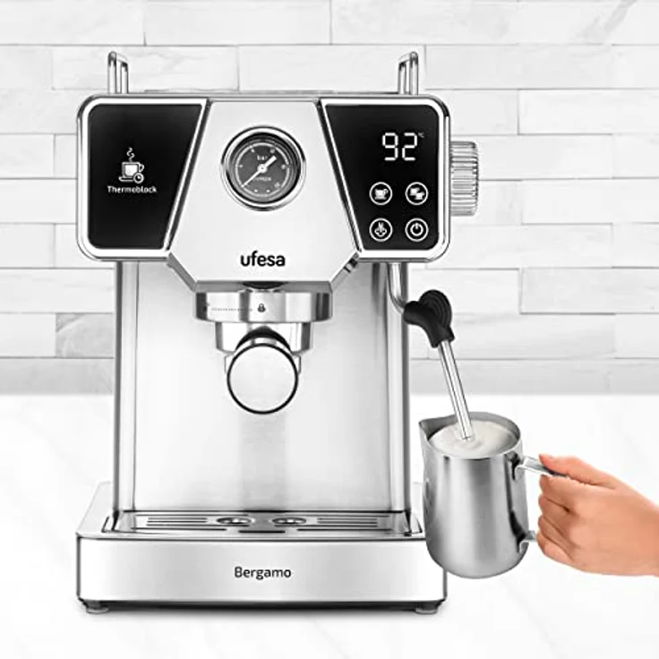 Ufesa Bergamo, Espressomaschine und Cappuccino, Touchscreen, Druck 20 bar, 1350 W, Thermoblock-System, verstellbarer Verdampfer, gemahlener Kaffee, Tank 1,8 l, automatische Abschaltung Stahl – Bild 4