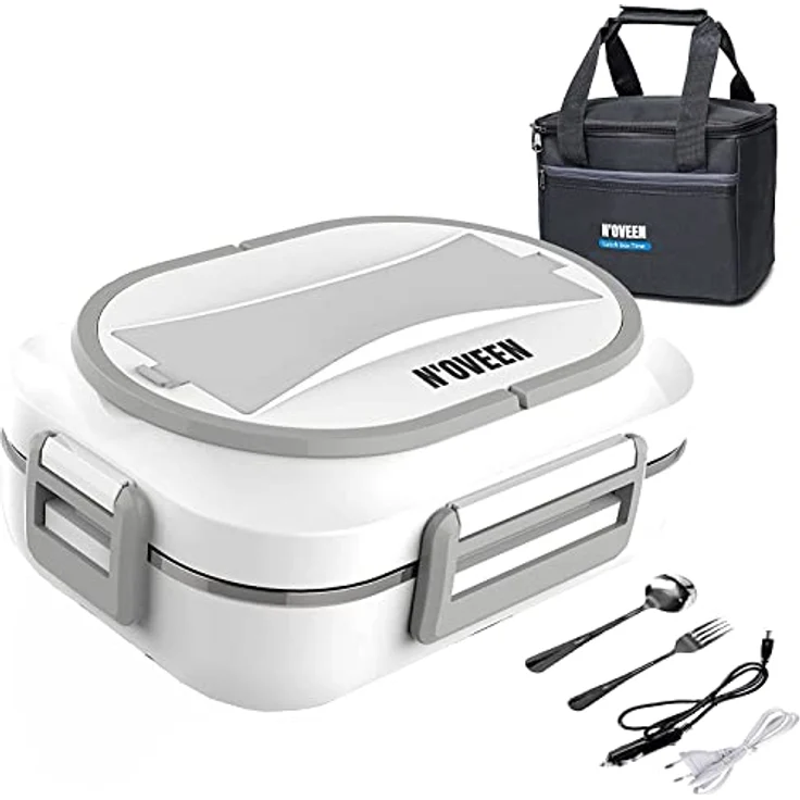 N'OVEEN Elektrische Lunchbox LB520 Speisenwärmer, Thermo Lunchbox Heizplatte mit 1 Liter Fassungsvermögen – 230V + 12V (Auto) - Food Box Warmhalteplatte bis 60°C Wärmedämmbeutel enthalten – Bild 1