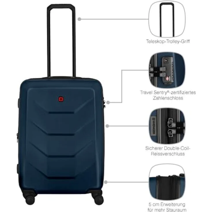 WENGER Prymo Medium Hartschalenkoffer, Trolley mit 4 Rollen, 59 (67) l, erweiterbar, Sicherheitsschloss, blau, 653633 – Bild 4