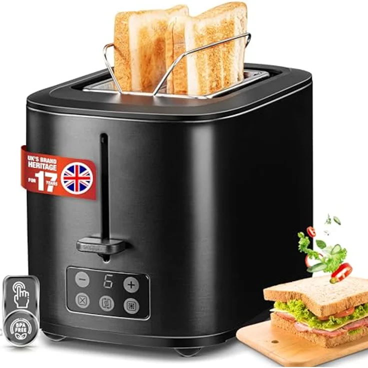 Linsar - Toaster - Zwei-Scheiben-Toaster - Mit Touchdisplay, 6 Bräunungsstufen, Herausnehmbarer Krümelschublade, Integriertem Brötchenaufsatz und Abschaltautomatik - 980 Watt - (Schwarz) – Bild 1