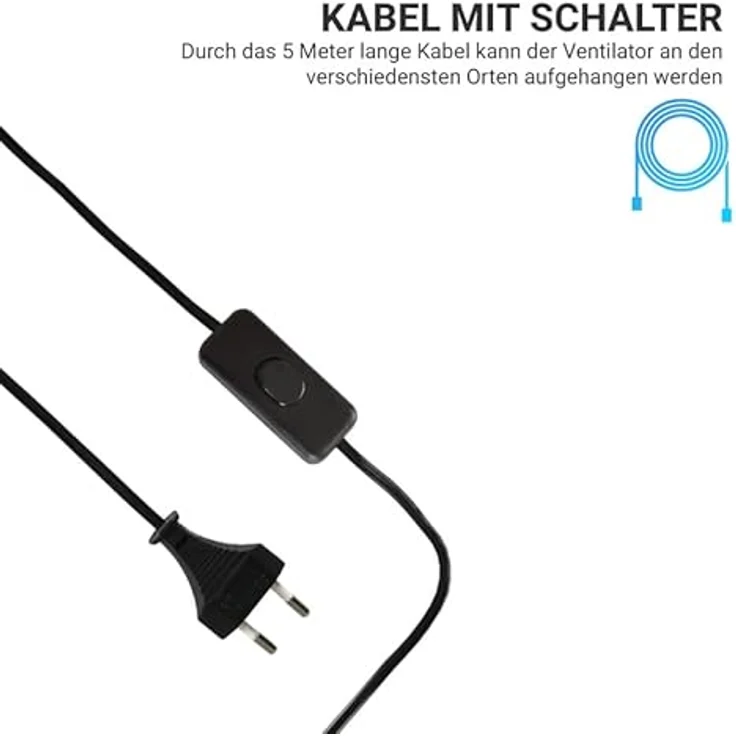 Bestlivings Mobiler Deckenventilator Schwarz (5m XXL Kabel) mit Stecker und Schalter, 220V-240V / 5 Watt, Ø40 cm Decken Ventilator mit Aufhänger – Bild 2
