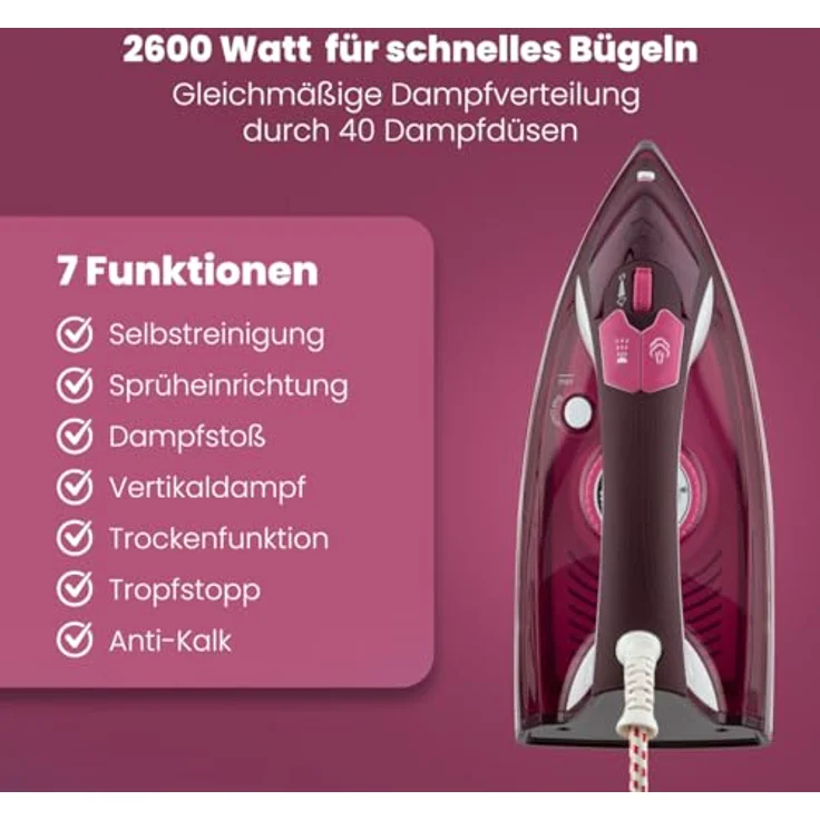 Clatronic DB 3705 Dampfbügeleisen mit 7 Funktionen, Keramiksohle, stufenlose Temperaturregulierung, zuschaltbare Selbstreinigungsfunktion, weiß-rot – Bild 3