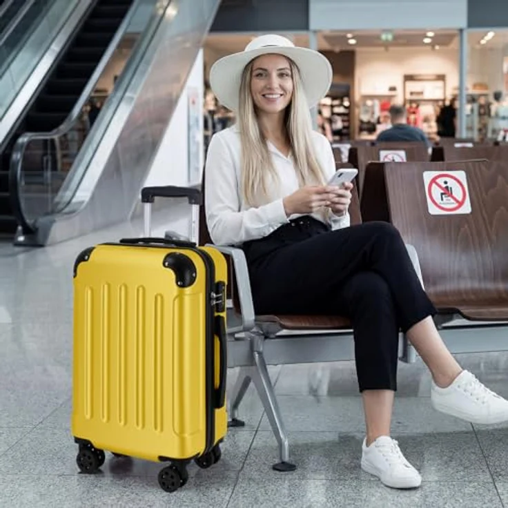 YONSLY Gepäck Suitcase M, Hartschalen-Koffer mit TSA-Schloss, YKK-Reißverschluss, Teleskopgriff und 360° Lenkrollen, Gelb – Bild 2