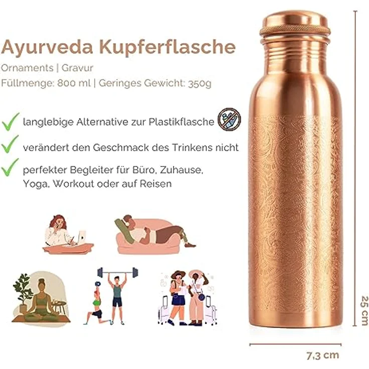 bodhi Kupfer Trinkflasche, 800 ml mit Ornamenten, gesundheitsfördernd und umweltbewusst – Bild 2