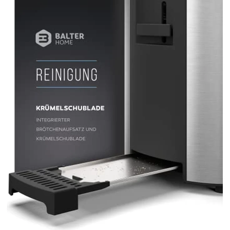 Balter TS-04-LCD, 4-Scheiben Langschlitztoaster mit 1500W, LCD Display, Restzeitanzeige, Doppelwandgehäuse, Brötchenaufsatz, Auftaufunktion, Silver – Bild 5