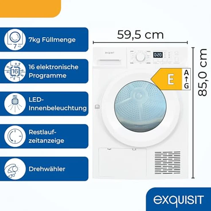 Exquisit TWP701-030E, Wärmepumpentrockner mit 7 kg Fassungsvermögen, vollelektronisch, 16 Programme, Knitterschutz, weiß – Bild 3