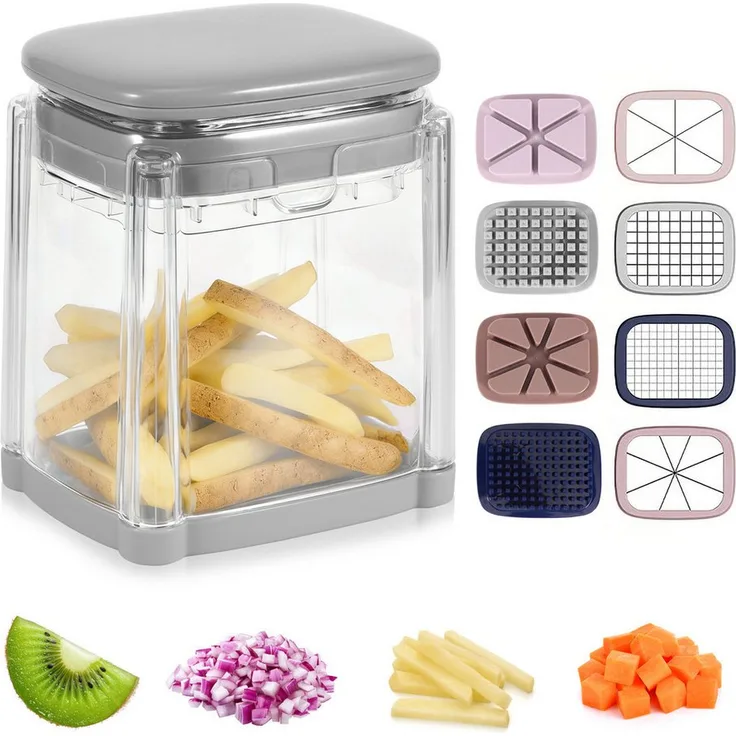 BlingBin Gemüseschneider Pommesschneider, 4-in-1 Kartoffelschneider mit 4 Edelstahlklingen, weiß, für Pommes, Gurken, Karotten, Zwiebeln und Obst