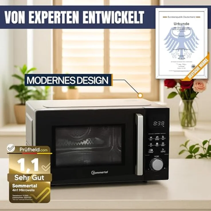 Sommertal 4-in-1 Mikrowelle, 25 L, 850 W, Heißluft, Grill, Kindersicherung, Express-Start, Edelstahl, inklusive Crisp-Pfanne und Rost – Bild 6