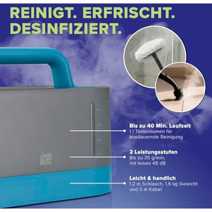 LICHTERBLITZ Dampfreiniger Handgerät, 100 °C Steam Cleaner mit 1 l Tank, 1200 Watt, 7 Aufsätzen, Dampfhandschuh, 45 Min Laufzeit, chemiefrei, ideal für Polstermöbel und empfindliche Oberflächen – Bild 5