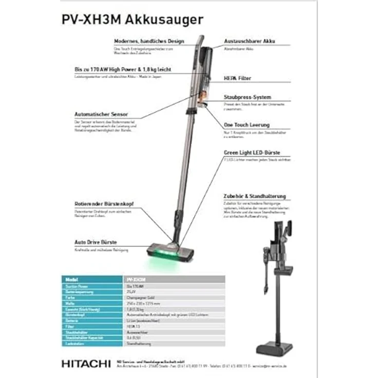 Hitachi kabelloser Akkusauger Staubsauger | Pv-XH3M mit automatischer Bodenerkennung und LED-Stauberkennung, blau – Bild 2