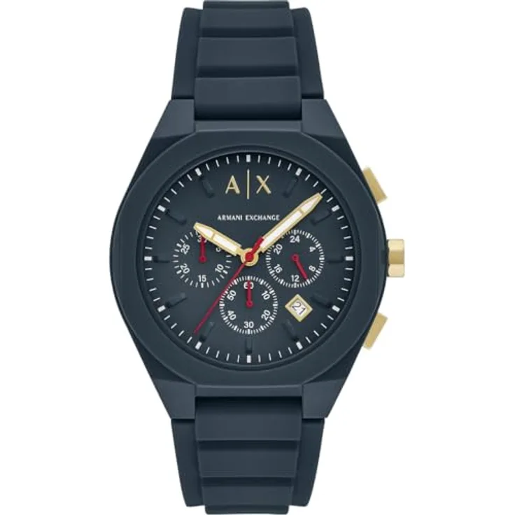 Armani Exchange Watch for Men, Chronograph Movement and 46mm Case Size with Stainless Steel and Blue Silicone Strap