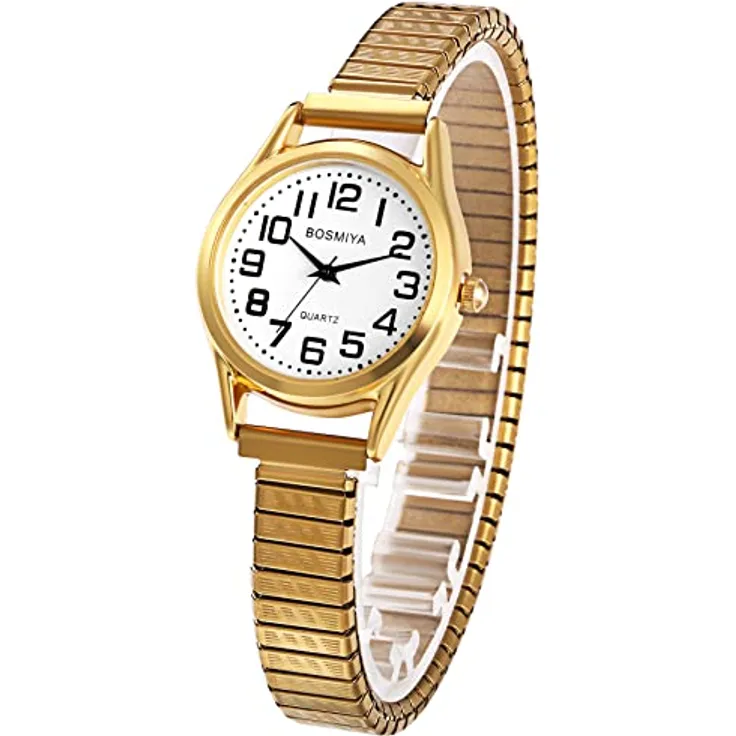 JewelryWe Uhren Damen Elastisch Edelstahl, klassische Quarz Armbanduhr mit goldfarbenem Stretch-Armband und großen arabischen Zahlen Zifferblatt