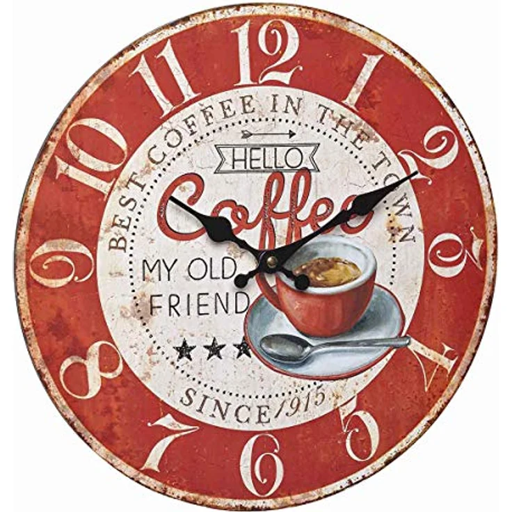 TFA Dostmann Wanduhr analog Vintage, 60.3045.12, Coffee-Motiv, große Ziffern, gut ablesbar, rot