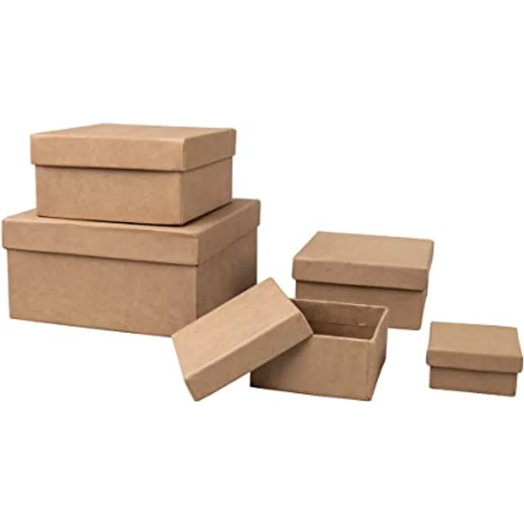 Rayher Pappmaché Boxen mit Deckel, Set 5-teilig, Pappboxen, Geschenkboxen 5er-Set, quadratisch, 5 x 5 - 14 x 14 cm, Schachteln, braun, aus Karton, FSC zertifiziert, Aufbewahrungsboxen, 67383000