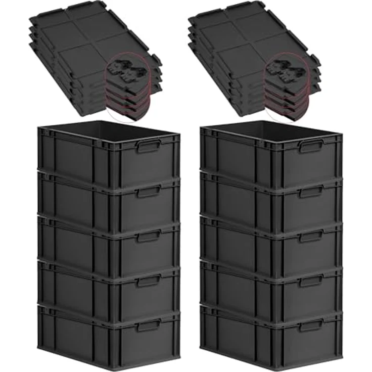 PROREGAL SuperSparSet 10x Eurobox NextGen Grip, 44L, schwarz, mit Scharnierdeckel und schwarzen Schiebeschnappverschlüssen, HxBxT 22x40x60cm, ideal für Transport und Lagerung – Bild 1