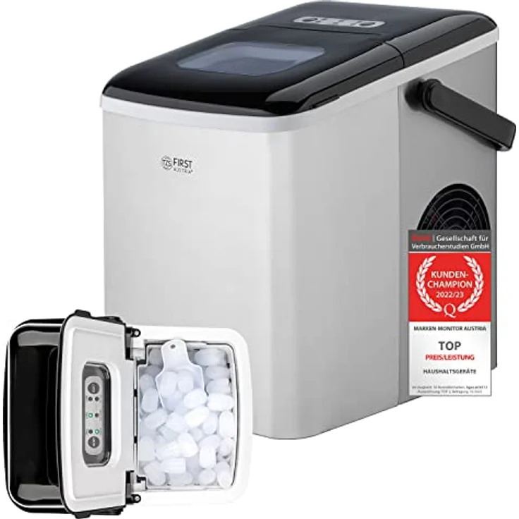 TZS First Austria Eiswürfelmaschine - Edelstahl Ice Cube Maker - 9 Würfel in 7-9 Minuten| Würfel S/L | 12 kg 24 Std | Ice Cube Maker | Eiswürfelbereiter 1,8 L Wassertank, 120W - LED Bedienpanel & tragbarer Griff – Bild 1