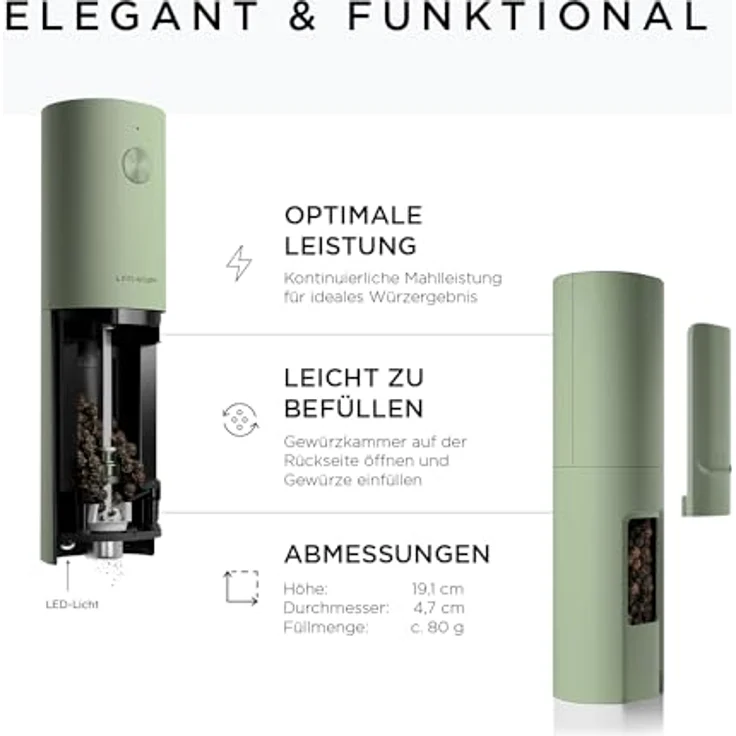 LARS NYSØM Salz und Pfeffer Mühle Elektrisch 2er Set mit einstellbarem Keramik-Mahlwerk von grob bis fein I Design Gewürzmühlenset Automatisch (2 Stück, Sage) – Bild 4