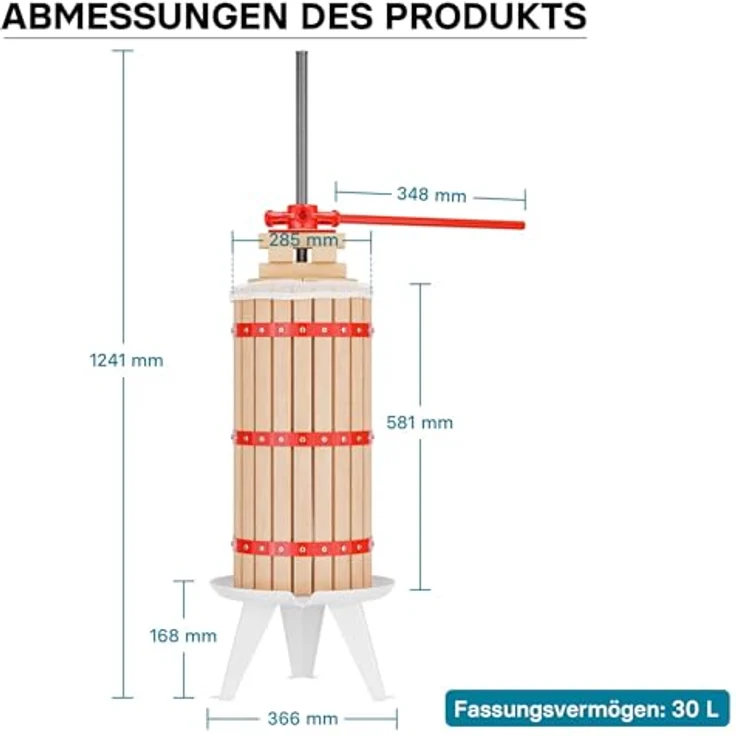 Wiltec 30L Obstpresse aus Buchenholz inkl. Presstuch, manuelle Weinpresse mit 285x581mm Korb, Apfelpresse Fruchtpresse für Obst Wein Maische, robuste (Rot-)Buchenholzkonstruktion – Bild 8