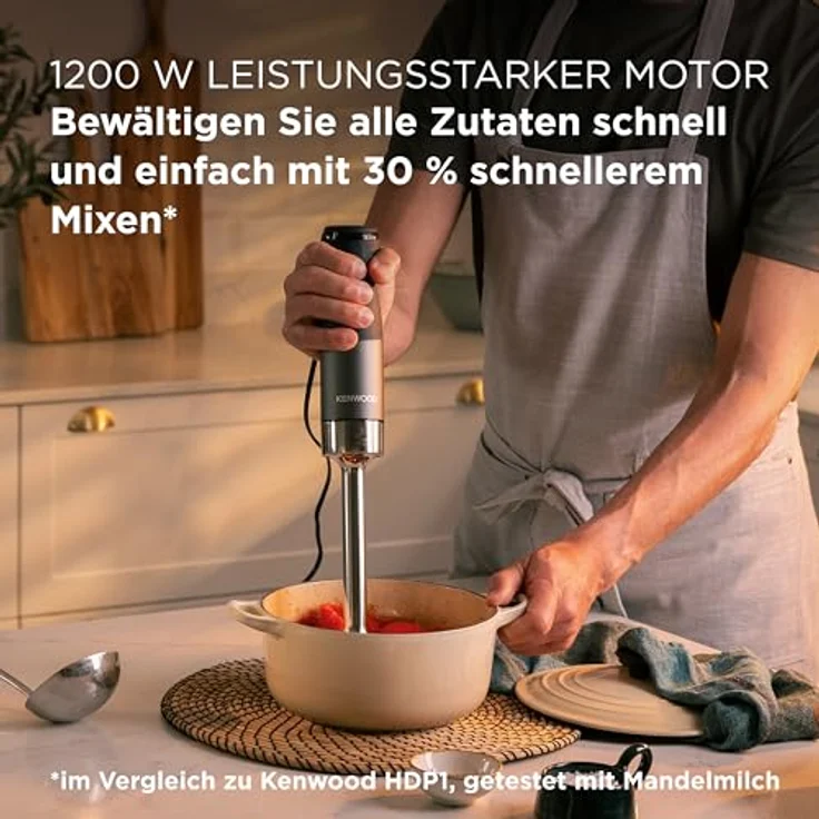 Kenwood Triblade XL Pro Stabmixer HBM80.322BK, 1200W, variable Geschwindigkeiten, Edelstahl Pürierfuß, umfangreiches Zubehörset mit 700 & 250 ml Bechern, 500 ml Zerkleinerer, Schneebesen und Emulgieraufsatz, spülmaschinenfeste Teile – Bild 3