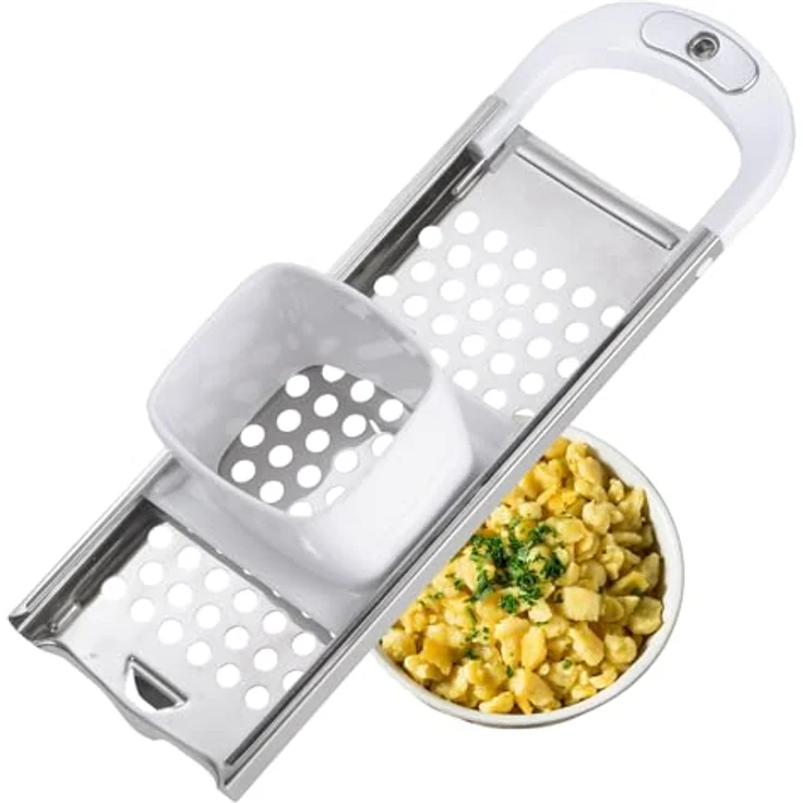 Westmark Spätzlehobel mit Teigschlitten, Spätzlereibe für Topfdurchmesser bis zu 24 cm, Rostfreier Edelstahl-Kunststoff, Knöpfle, Weiß-Silber, 61122270 – Bild 2
