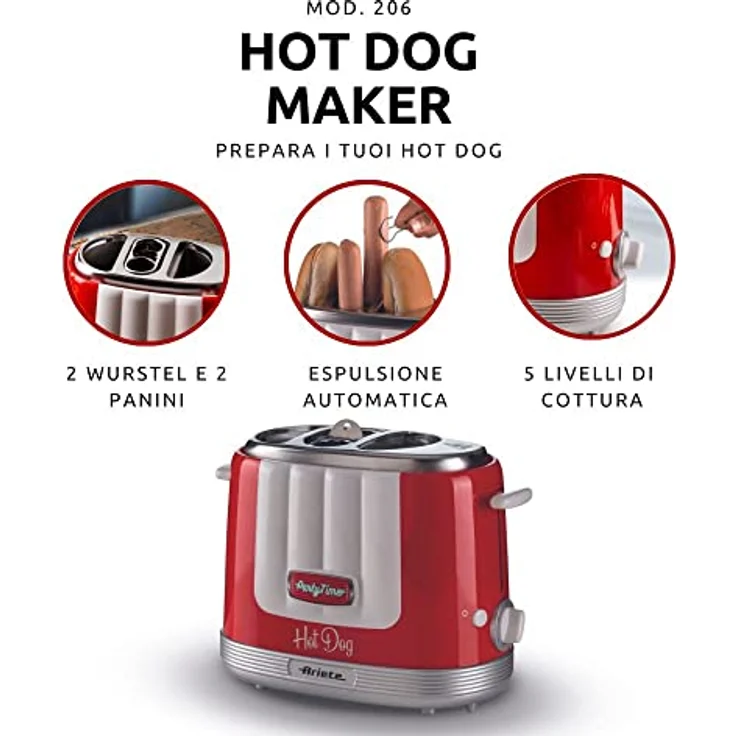 Ariete Hot Dog Maker Party Time 206, Hot Dog-Maschine mit 4 Garräumen, 5 Garstufen, Automatischer Auswurf, Hot Dog Toaster, 650W, Rot – Bild 2
