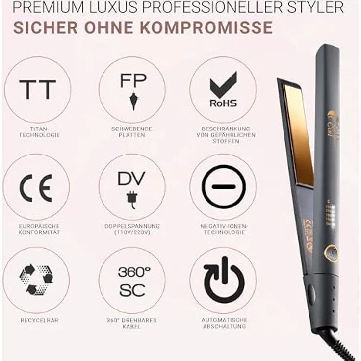 Golden Curl Glätteisen Locken und Glätten Haarglätter - 5 Jahre Sorgenfreiheit - Hair Straightener 2 in 1 (Gold Control) – Bild 4