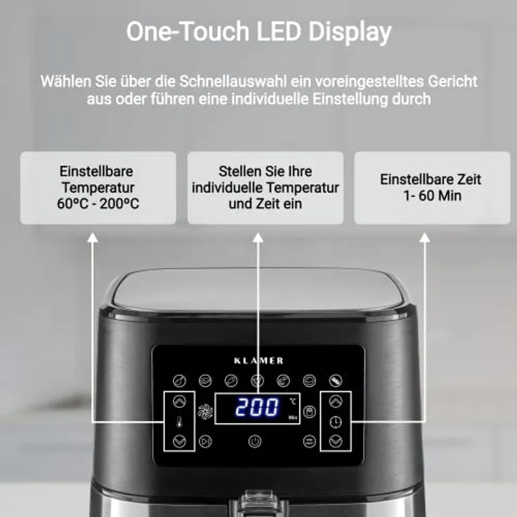 KLAMER Heißluftfritteuse XL, ohne Öl, 5.5 Liter Fassungsvermögen, 1700 Watt, silber – Bild 4