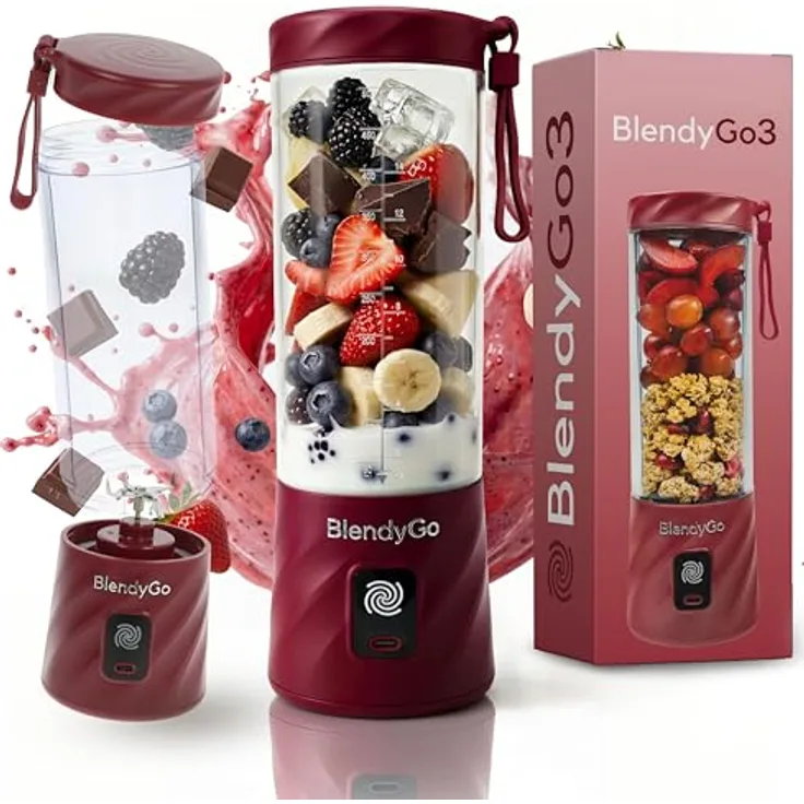 BlendyGo 3 Tragbarer Mixer, 550 ml Smoothie Maker mit PulseMotion & BlendPro, kabellos, zerkleinert Eis und Obst, BPA-frei, Burgunderrot