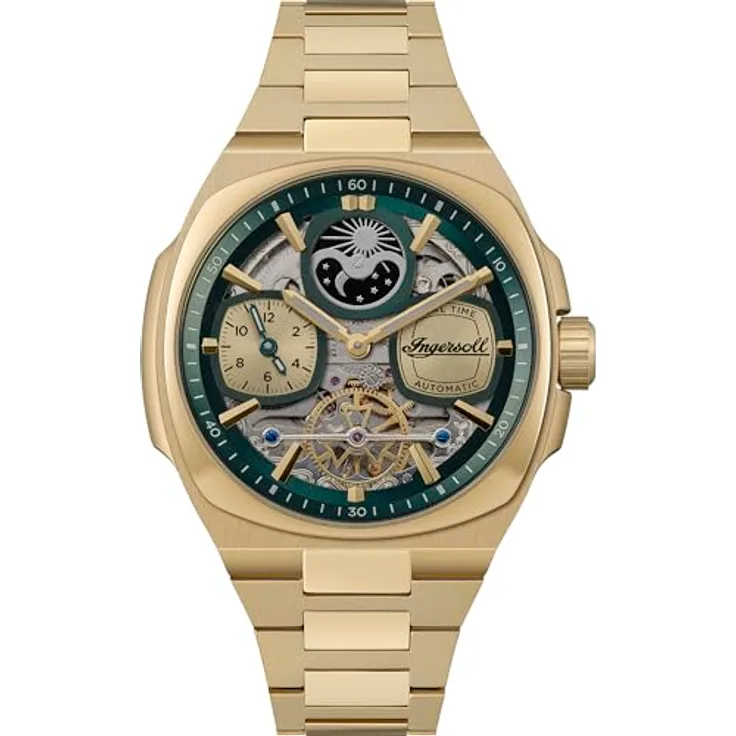 Ingersoll The Spirit Herrenuhr 46.7 mm Automatikuhr mit Grün Ziffernblatt und goldfarbenem Edelstahlarmband, Leuchtzeiger, kleine Sekundenanzeige