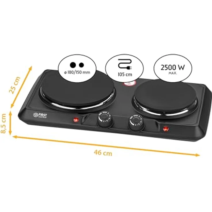 TZS First Austria Kochplatte, elektrisches Doppelkochfeld aus Gusseisen, Herdplatten für Zuhause, Camping & Reisen, Thermostat mit 5 Temperaturstufen, in Schwarz, 2500 W – Bild 3